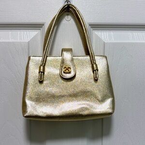 Vintage Miss Lewis Gold Metallic Handbag | 1960s Top Handle Purse | Satin Lining